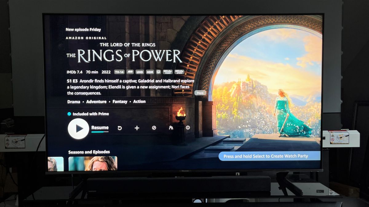 Hisense U8H TV showing Google TV interface with Lord of the Rings on screen