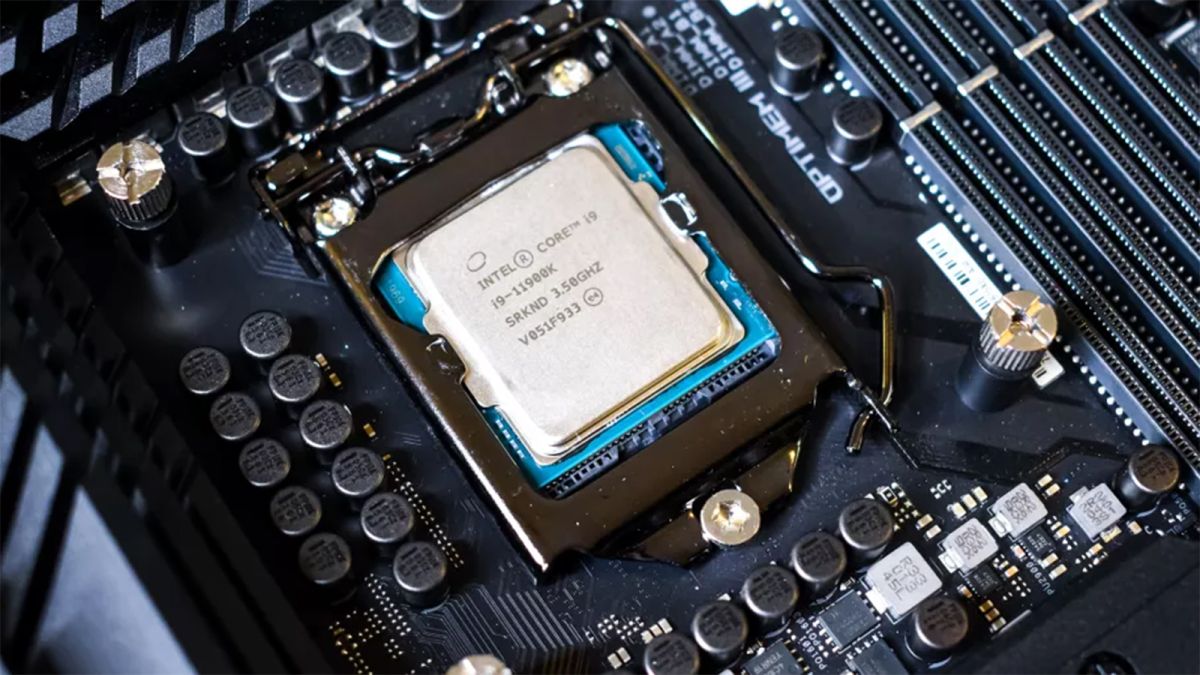 An Intel Core i9-11900K socketed into a motherboard